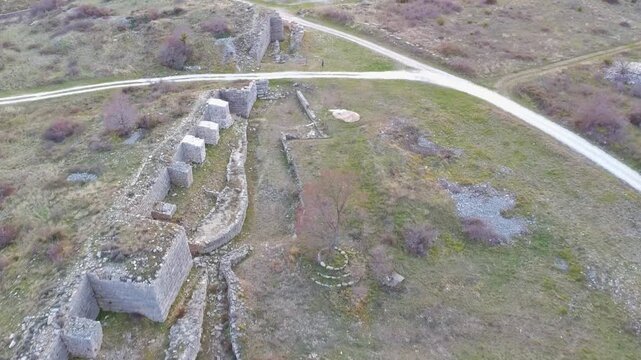 Aerial drone video of ancient Roman military outpost, muncipium Asseria ruins near Benkovac, Croatia.