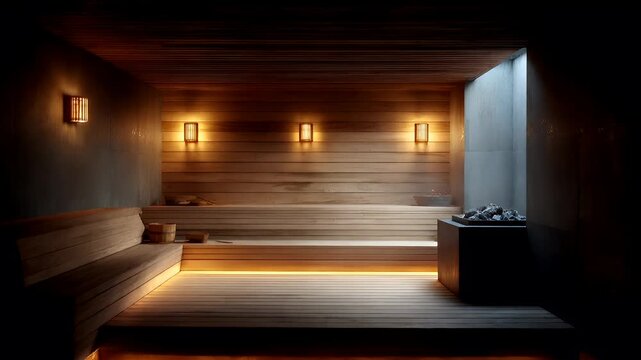 Therapy stress release treatment, health lifestyle. A modern sauna with wooden walls illuminated by ambient lighting, creating a tranquil atmosphere. The room contains wooden benches, a bowl.