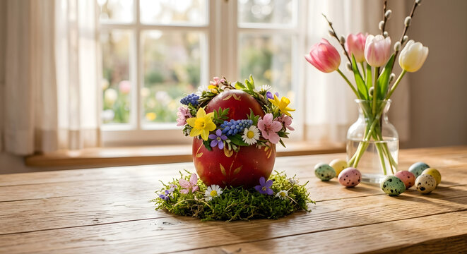 Red easter egg decorated with a flower wreath on a rustic wooden table, generative AI
