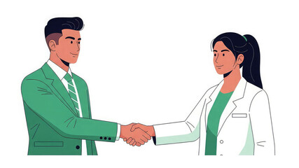 Fototapeta premium Businessman and woman in lab coat shaking hands in agreement