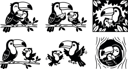 Fototapeta premium Black and white flat design toucan birds sitting feeding hugging and flying on branch in various family loving poses