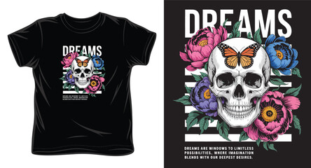 Fototapeta premium Skull with flowers and butterfly dreams graphic t-shirt design
