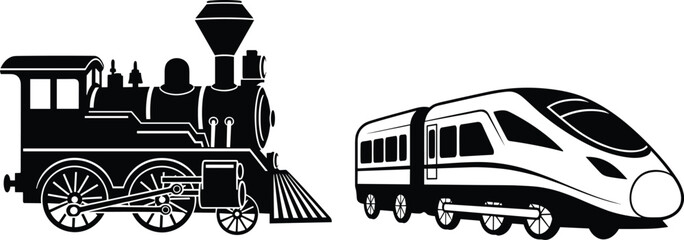Vintage steam locomotive and modern high‑speed train illustration, railway transport comparison, historical retro engine, futuristic travel design © Khaleda Creative
