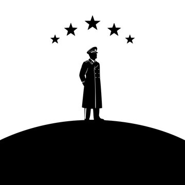 5 Star General Standing on Hilltop Black Silhouette Vector