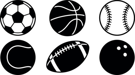 Plakat Simple black and white vector icons of six sports balls including soccer basketball baseball tennis football and bowling balls