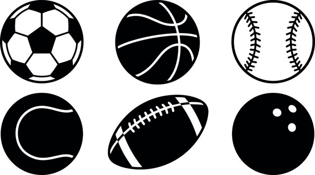Simple black and white vector icons of six sports balls including soccer basketball baseball tennis football and bowling balls