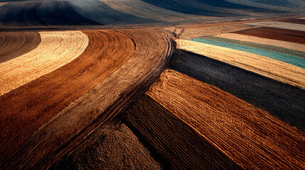 Plowed farmland aerial, textured soil with sunlight creating shadows, emphasizing agricultural textures, natural patterns, and geometric landscape patterns. © MD