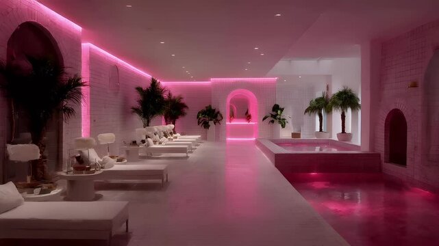 Therapy stress release treatment, health lifestyle. A luxurious indoor spa with a pool illuminated by pink lighting. The pool is surrounded by white lounge chairs, each with a towel draped over them.