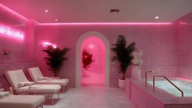 Therapy stress release treatment, health lifestyle. A luxurious spa room with pink lighting, a jacuzzi tub filled with water, lounge chairs with towels draped over them, houseplants.