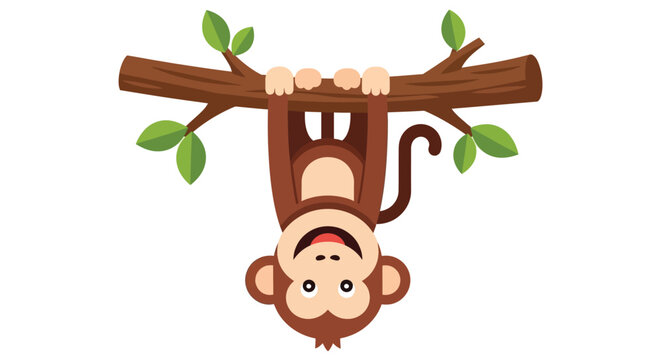 Cute cartoon monkey hanging upside down from tree branch with green leaves