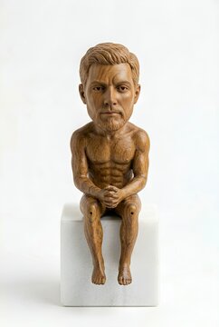 Statuette d'homme muscl&eacute; en bois sculpt&eacute; assis avec les mains jointes exprimant la force int&eacute;rieure et la concentration