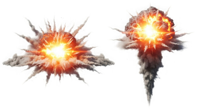 Explosive energy blasts and fireballs isolated on transparent background