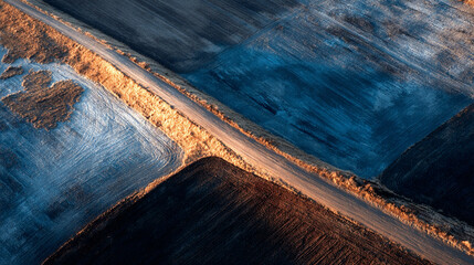 Plowed farmland aerial, textured soil with sunlight creating shadows, emphasizing agricultural textures, natural patterns, and geometric landscape patterns. © MD