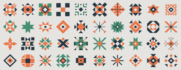 Obraz premium Aztec Ethnic Motif Vector Set Featuring Native American Geometric Tribal Art Elements for Logo Tattoo Fabric Textile Design Cultural Ornament Pattern Collection Illustration