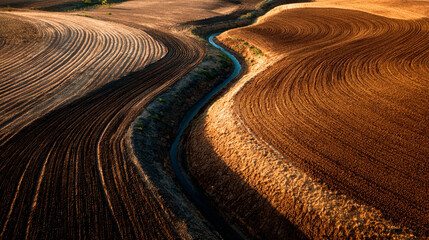 Plowed farmland aerial, textured soil furrows with sunlight casting shadows, emphasizing agricultural textures, natural patterns, and rural landscape. © MD