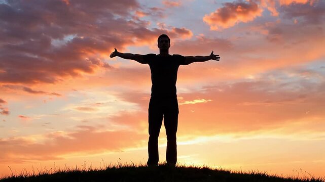 Silhouette of man with arms outstretched at sunset