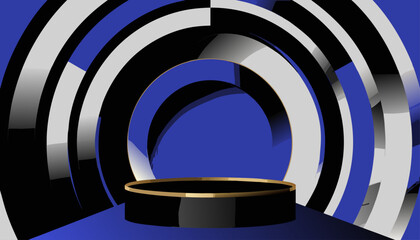 Obraz premium Abstract Minimalist Cylinder Pedestal Set with Geometric Arch Background. Luxury Mockup for Cosmetic or Tech Product Placement. Modern Digital Render Backgrounds in Dark and Vibrant Tones.eps