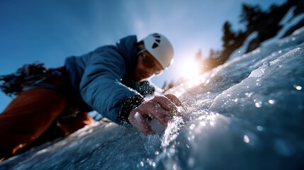 Ice climber scaling frozen waterfall on alpine cliff