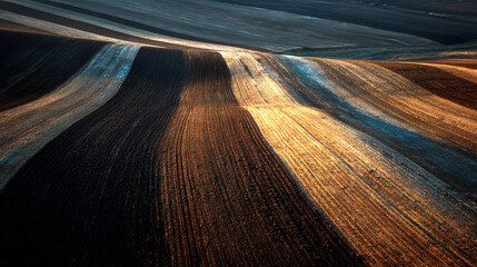 Plowed farmland pattern, textured soil with sunlight casting shadows, emphasizing agricultural textures, natural patterns, and geometric field layout. © MD