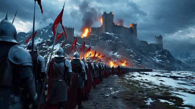 Medieval knights marching toward burning castle