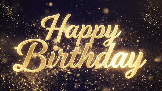 Golden Happy Birthday text with sparkling glitter on dark background
