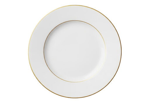 Elegant white plate with gold rim details isolated on transparent background