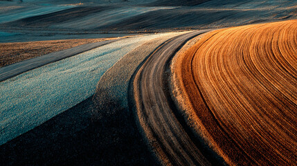 Plowed farmland pattern, textured soil with sunlight casting shadows, emphasizing agricultural textures, natural patterns, and geometric field layout. © MD