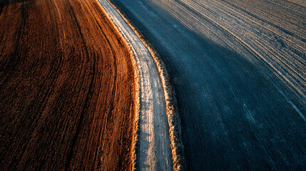 Plowed farmland pattern, textured soil with sunlight casting shadows, emphasizing agricultural textures, natural patterns, and geometric field layout. © MD