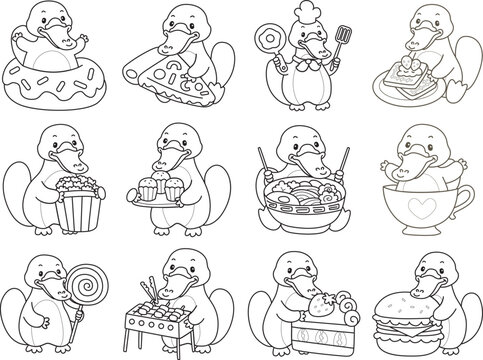 Coloring pages of Cute set of platypus sticker with activity. Outline of platypus 