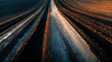 Plowed farmland pattern, textured soil with sunlight casting shadows, emphasizing agricultural textures, natural patterns, and geometric field layout. © MD