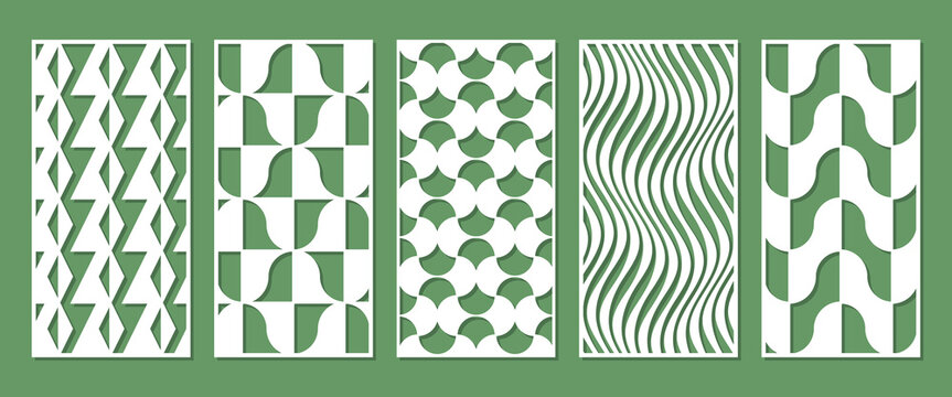 Set of modern rectangular laser cut panels with abstract geometric patterns. Vector templates for CNC cutting, decorative screens, partitions, wall panels, room dividers and interior decor.