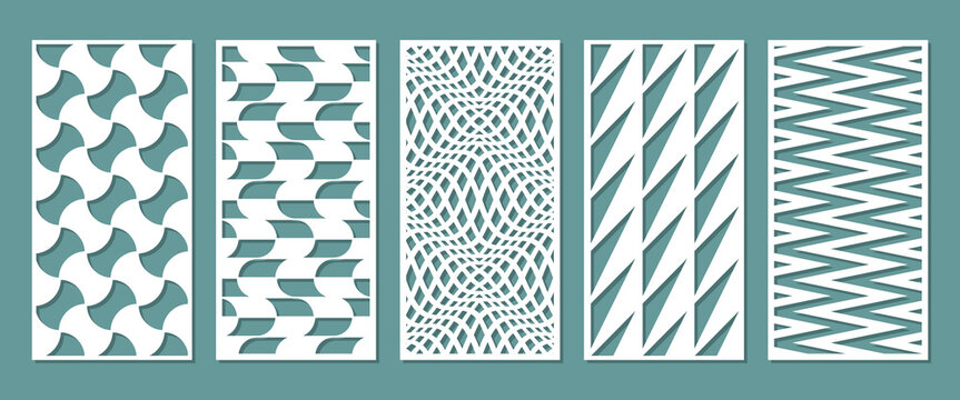 Collection of decorative rectangular laser cut panels with dynamic abstract patterns. Vector templates for CNC machines, wood carving, metal screens, partitions, wall decor and modern interiors.