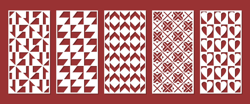 Set of rectangular decorative laser cut panels with geometric patterns. Modern vector templates for CNC cutting, wood carving, metal screens, room dividers, wall decor and interior design.