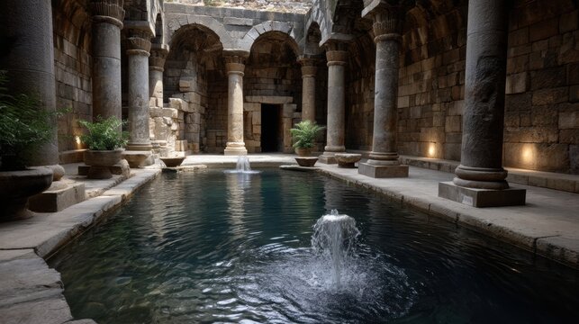 An ancient Roman pool surrounded by stone columns and fountains, inside an old building, with clear water and small waves on the surface, a little greenery, ancient architecture, historical atmosphere