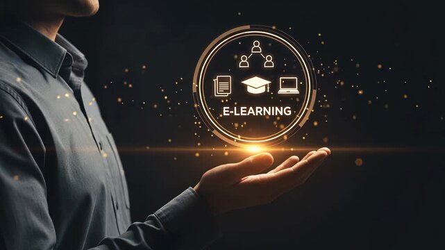 Hand Holding Glowing Learning Icons In Warm Study Light