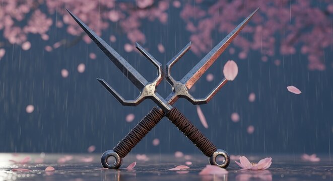 Crossed sai weapons symbolize martial arts tradition and strength, set against a backdrop of falling cherry blossoms.