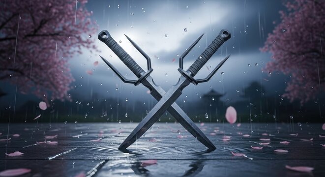 Two crossed sai weapons rest on wet ground under a cherry blossom tree during a gentle rain.