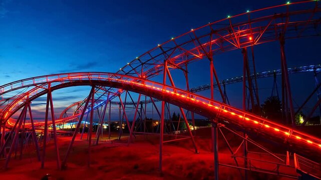 Nighttime roller coaster illuminated with lights