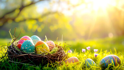 Bunt bemalte Ostereier im Nest mit Frühlingsblumen im Sonnenlicht