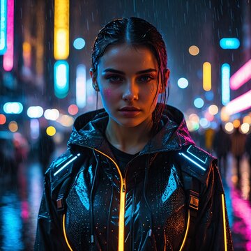 Photorealistic portrait of a young woman in cyberpunk techwear under a rainy night, bokeh neon city background, generative AI