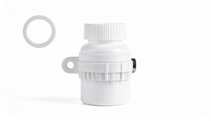 White childproof pill bottle with secure safety cap and handle isolated on white background