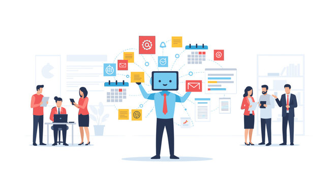 A computer-headed businessman juggles various business icons representing tasks and data management in a modern office setting.