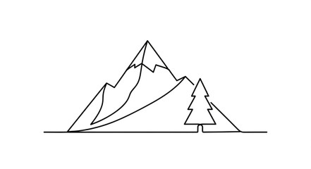 Minimalist Line Drawing of Mountain Landscape with Pine Tree.