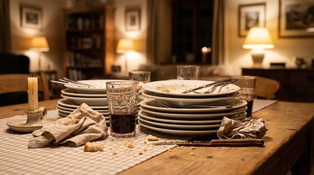 Stacked dirty dishes on dining table after meal in cozy setting  