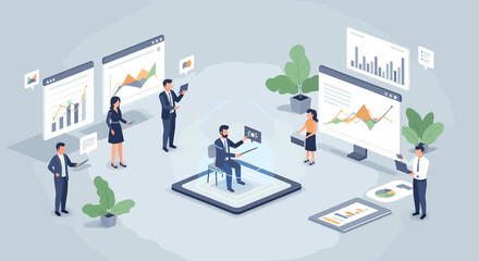 Business people analyzing data and financial reports on various digital screens and devices.