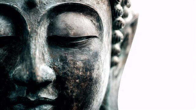 Zen Buddhism, meditation, inner peace, Chinese Japanese Asian tradition. Therapy stress release treatment, health lifestyle. A closeup of a bronze Buddha statue with a serene expression.