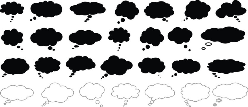 Assortment of speech and thought bubbles in solid black and outline styles for communication