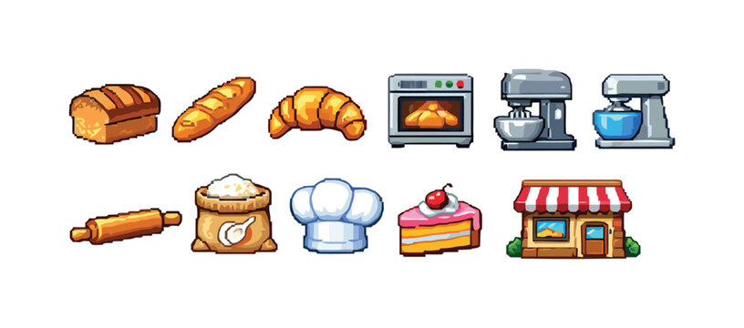 Baking and bakery icons set in pixel art style for digital art and cooking themes