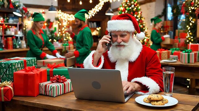 Santa Claus working on laptop with elves