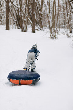 Winter sledding fun in snowy forest scenery